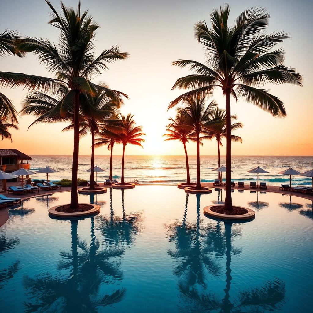 Pool eines All-Inclusive-Strandresorts bei Sonnenuntergang